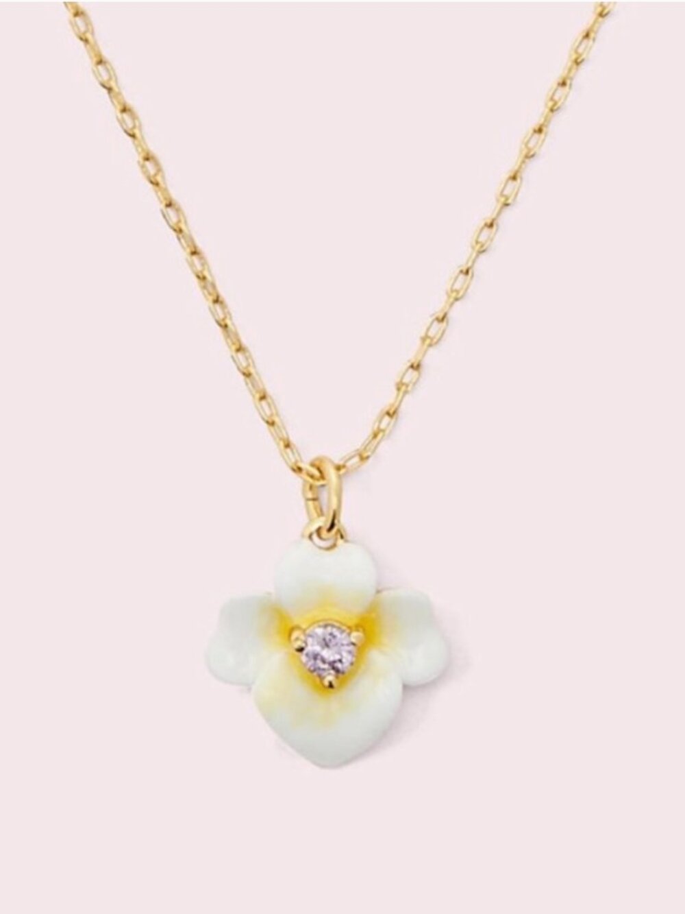 Kate Spade White Enamel Flower Pendant Necklace Gold Tone Pearl Crystal Floral